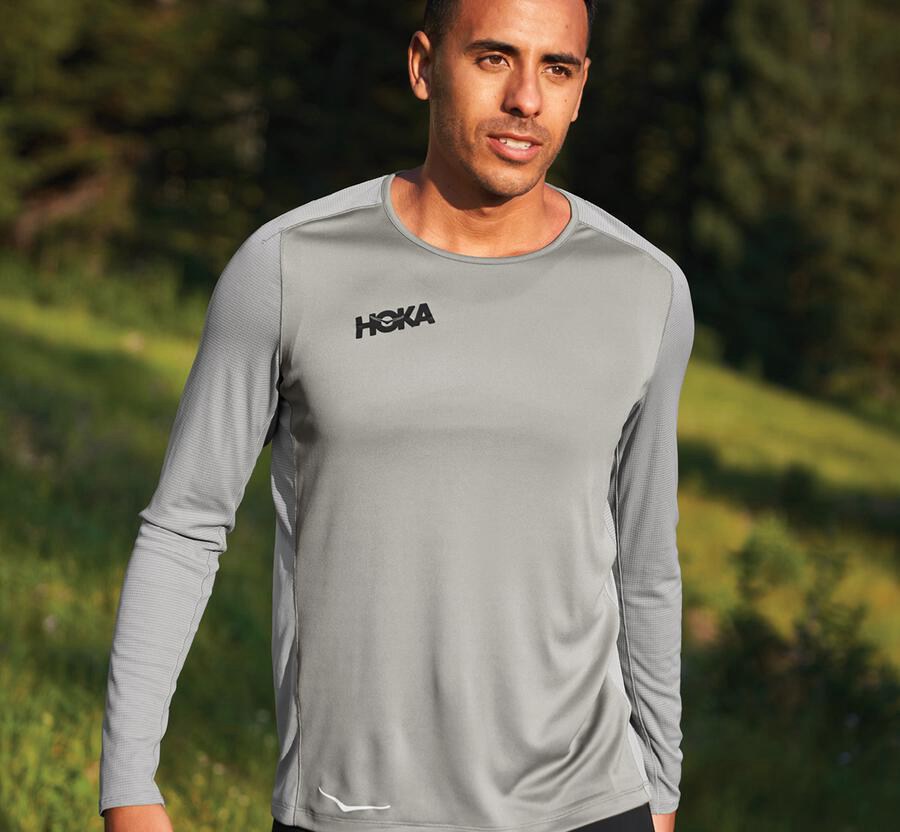 Top Hoka One One Hombre - Performance Largos Sleeve - Gris - RIQ975032